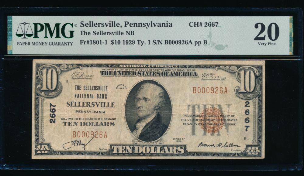 Fr. 1801-1 1929 $10  National: Type I Ch #2667 The Sellersville National Bank, Sellersville, Pennsylvania PMG 20 B000926A