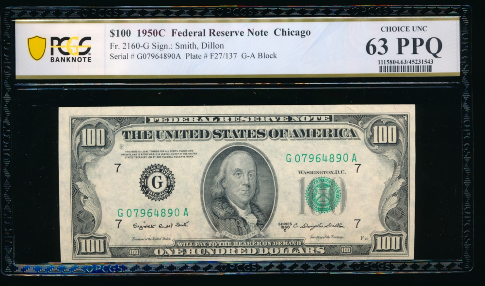 Fr. 2160-G 1950C $100  Federal Reserve Note Chicago PCGS 63PPQ G07964890A