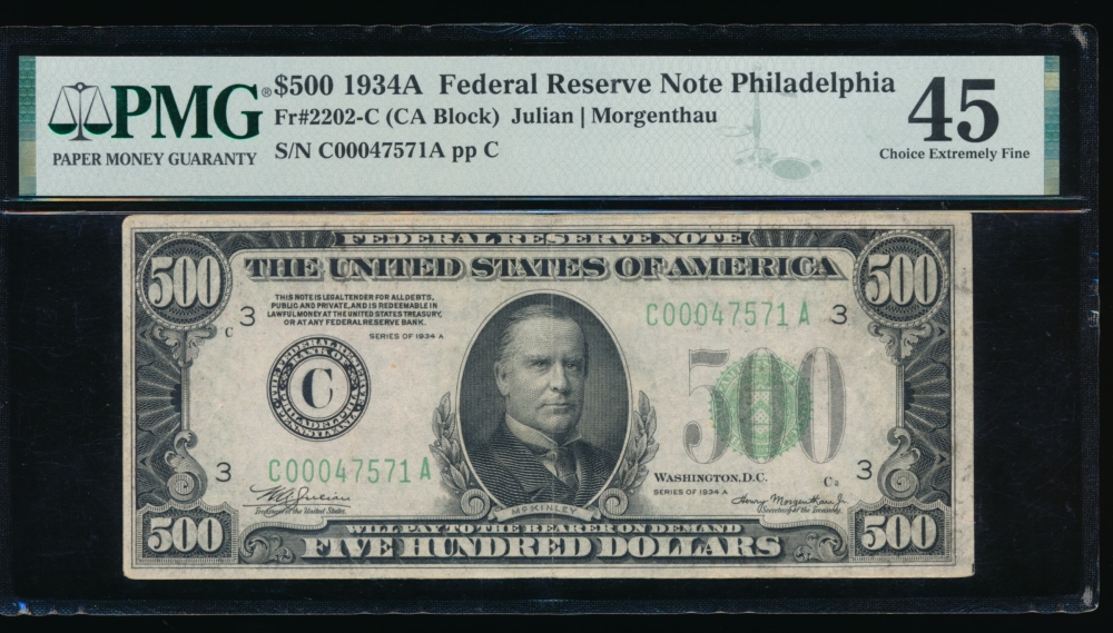Fr. 2202-C 1934A $500  Federal Reserve Note Philadelphia PMG 45 C00047571A