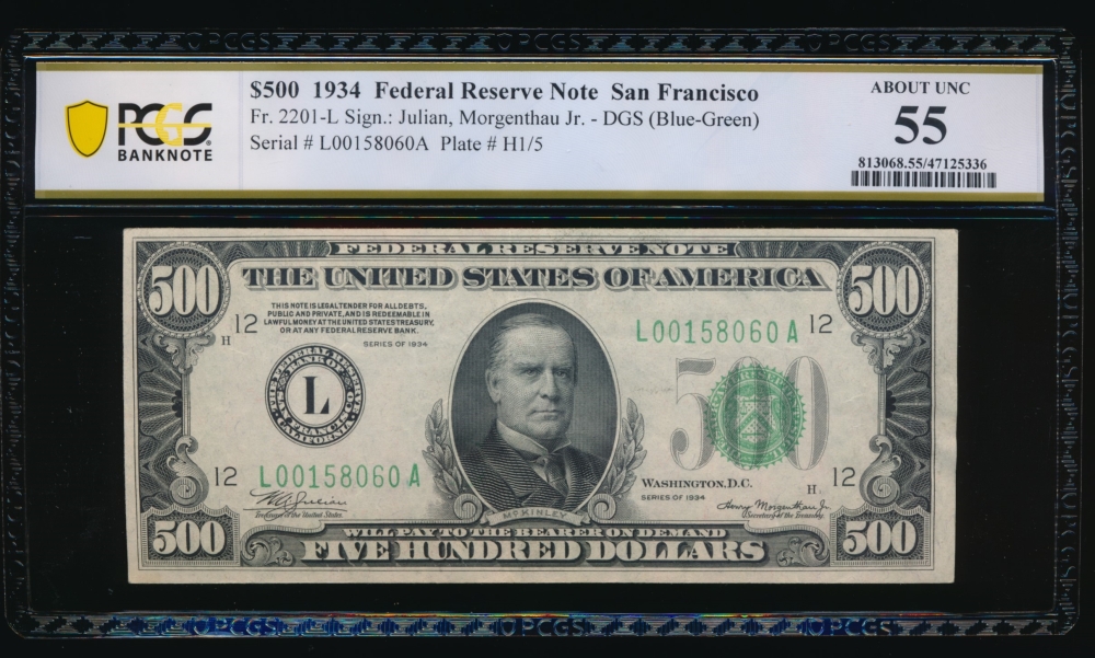 Fr. 2201-L 1934 $500  Federal Reserve Note San Francisco PCGS 55 L00158060A