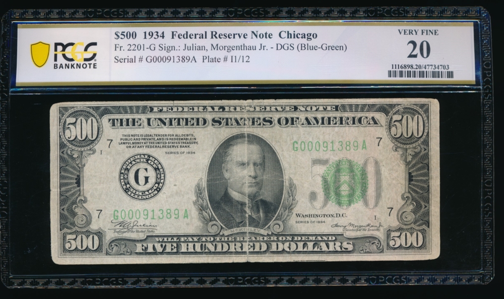 Fr. 2201-G 1934 $500  Federal Reserve Note Chicago PCGS 20 G00091389A