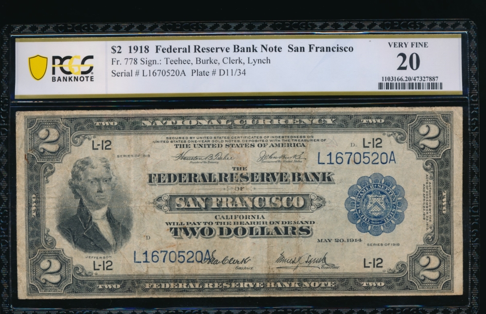 Fr. 778 1918 $2  FRBN San Francisco PCGS 20 L1670520A