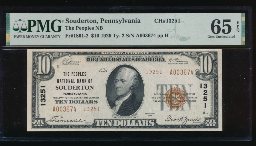 Fr. 1801-2 1929 $10  National: Type II Ch #13251 The Peoples National Bank of Souderton, Pennsylvania PMG 65EPQ A003674