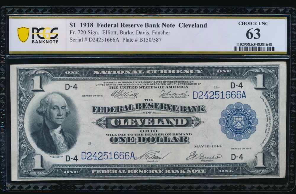 Fr. 720 1918 $1  FRBN Cleveland PCGS 63 D24251666A