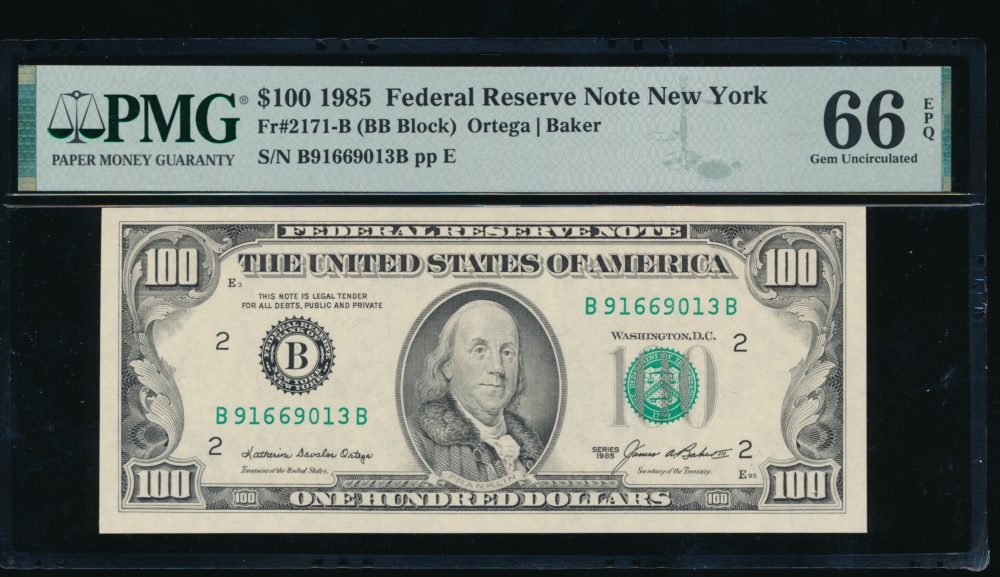 Fr. 2171-B 1985 $100  Federal Reserve Note New York PMG 66EPQ B91669013A