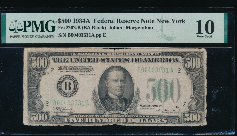 Fr. 2202-B 1934A $500  Federal Reserve Note New York PMG 10 B00403631A