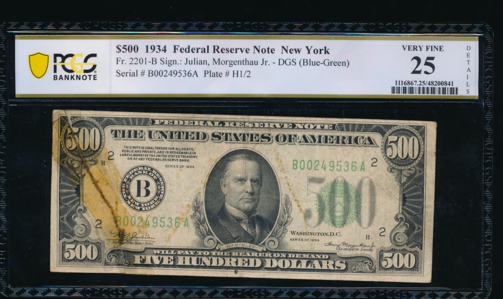 Fr. 2201-B 1934A $500  Federal Reserve Note New York PCGS 25 details B00249536A