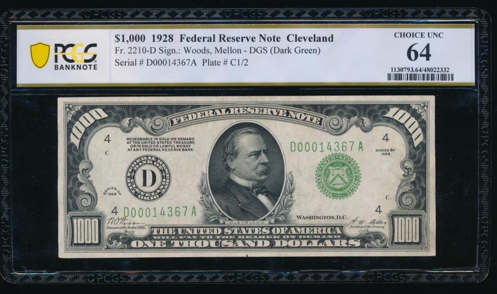 Fr. 2210-D 1928 $1,000  Federal Reserve Note Cleveland PCGS 64 D00014367A