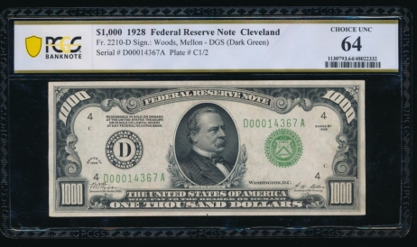 Fr. 2210-D 1928 $1,000  Federal Reserve Note Cleveland PCGS 64 D00014367A