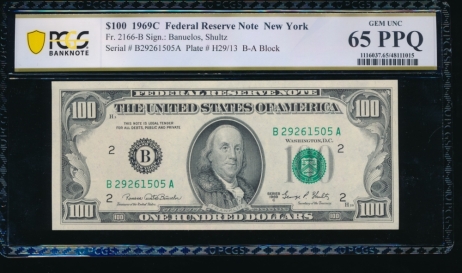 Fr. 2166-B 1969C $100  Federal Reserve Note New York PCGS 65PPQ B27261505A
