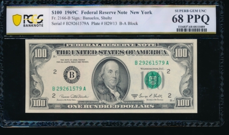 Fr. 2166-B 1969C $100  Federal Reserve Note New York PCGS 68PPQ B27261579A
