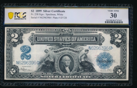 Fr. 258 1899 $2  Silver Certificate  PCGS 30 N62963964