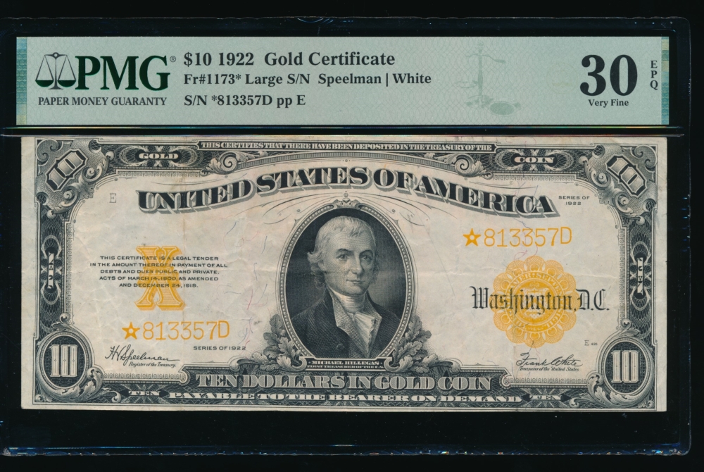 Fr. 1173 1922 $10  Gold Certificate star PMG 30EPQ *813357D