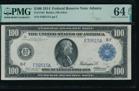 Fr. 1104 1914 $100  Federal Reserve Note Atlanta PMG 64EPQ F39515A