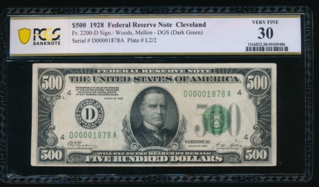 Fr. 2200-D 1928 $500  Federal Reserve Note Cleveland PCGS 30 D00001878A