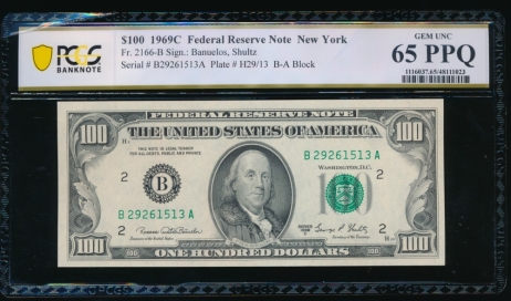 Fr. 2166-B 1969C $100  Federal Reserve Note New York PCGS 65PPQ B27261513A