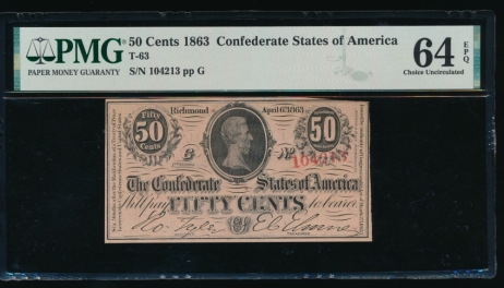 Fr. T-63 1863 $0.50  Confederate  PMG 64EPQ 104213