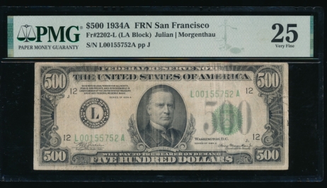 Fr. 2202-L 1934A $500  Federal Reserve Note San Francisco PMG 25 comment L00155752A