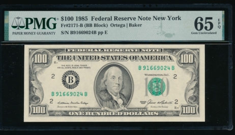 Fr. 2171-B 1985 $100  Federal Reserve Note New York PMG 65EPQ B91669024A