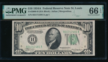 Fr. 2006-H 1934A $10  Federal Reserve Note Saint Louis PMG 66EPQ H31712481A