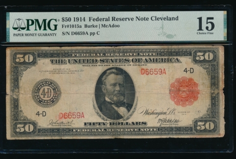 Fr. 1015a 1914 $50  Federal Reserve Note Cleveland red seal PMG 15 comment D6659A