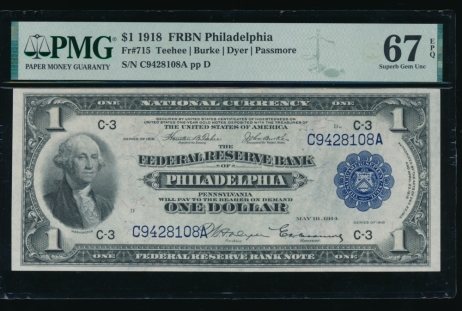 Fr. 715 1918 $1  FRBN Philadelphia PMG 67EPQ C9428108A