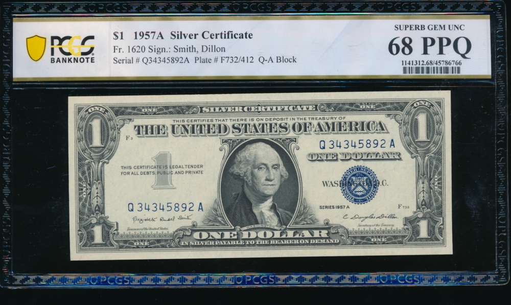 Fr. 1620 1957A $1  Silver Certificate QA block PCGS 68PPQ Q34345892A