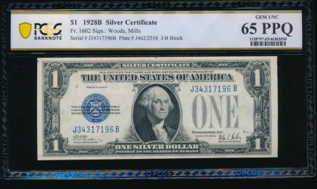 Fr. 1602 1928B $1  Silver Certificate JB block PCGS 65PPQ J34317196B