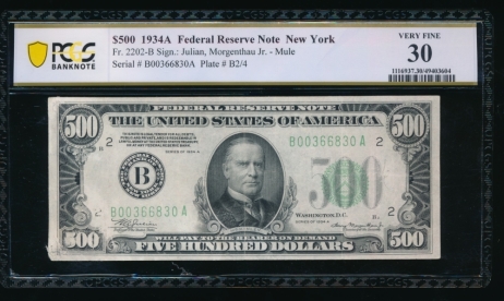 Fr. 2202-B 1934A $500  Federal Reserve Note New York PCGS 30 comment B00366830A