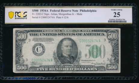 Fr. 2202-C 1934A $500  Federal Reserve Note Philadelphia PCGS 25 C00052474A