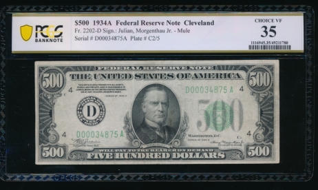 Fr. 2202-D 1934A $500  Federal Reserve Note Cleveland PCGS 35 D00034875A