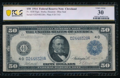 Fr. 1038 1914 $50  Federal Reserve Note Cleveland PCGS 30 D2448328A