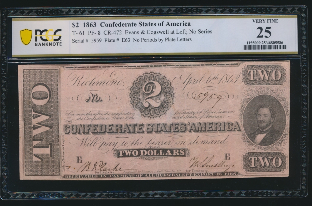 Fr. T-61 1863 $2  Confederate repeater PCGS 25 comment 5959