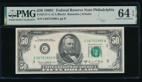 Fr. 2117-C 1969C $50  Federal Reserve Note Philadelphia PMG 64EPQ C06751990A