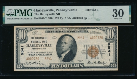Fr. 1801-2 1929 $10  National: Type II Ch #9541 The Harleysville National Bank, Harleysville, Pennsylvania PMG 30 A000720