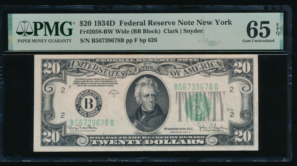 Fr. 2058-B 1934D $20  Federal Reserve Note  PMG 65EPQ B56739678B