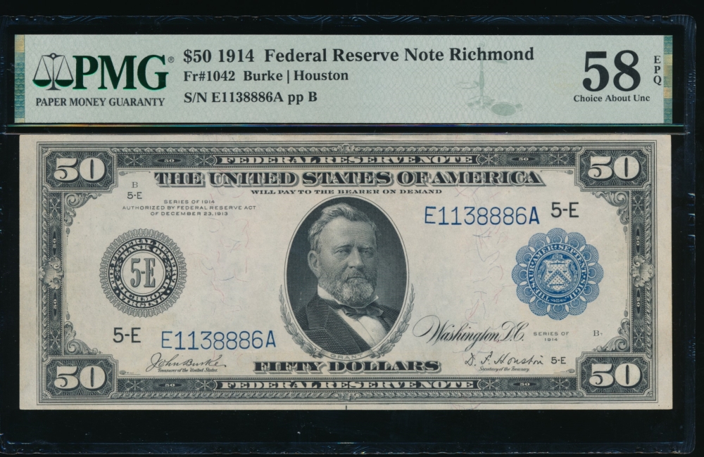 Fr. 1042 1914 $50  Federal Reserve Note Richmond PMG 58EPQ E1138886A