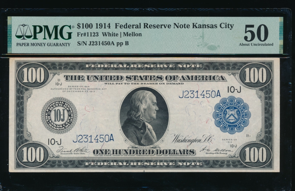 Fr. 1123 1914 $100  Federal Reserve Note Kansas City PMG 50 J231450A