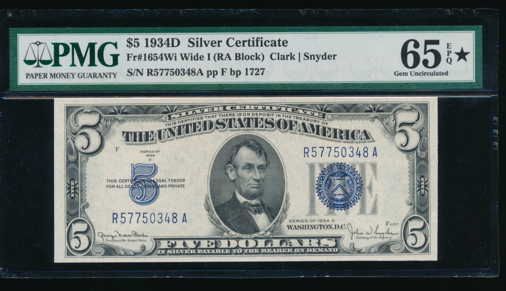 Fr. 1654 1934D $5  Silver Certificate Wide I, RA block PMG 65EPQ* R57750348A