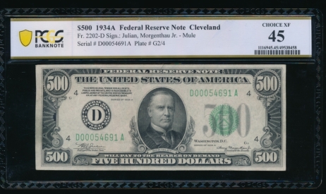 Fr. 2202-D 1934A $500  Federal Reserve Note Cleveland PCGS 45 D00054691A
