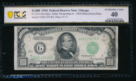 Fr. 2211-G 1934 $1,000  Federal Reserve Note Chicago PCGS 40 G00119478A