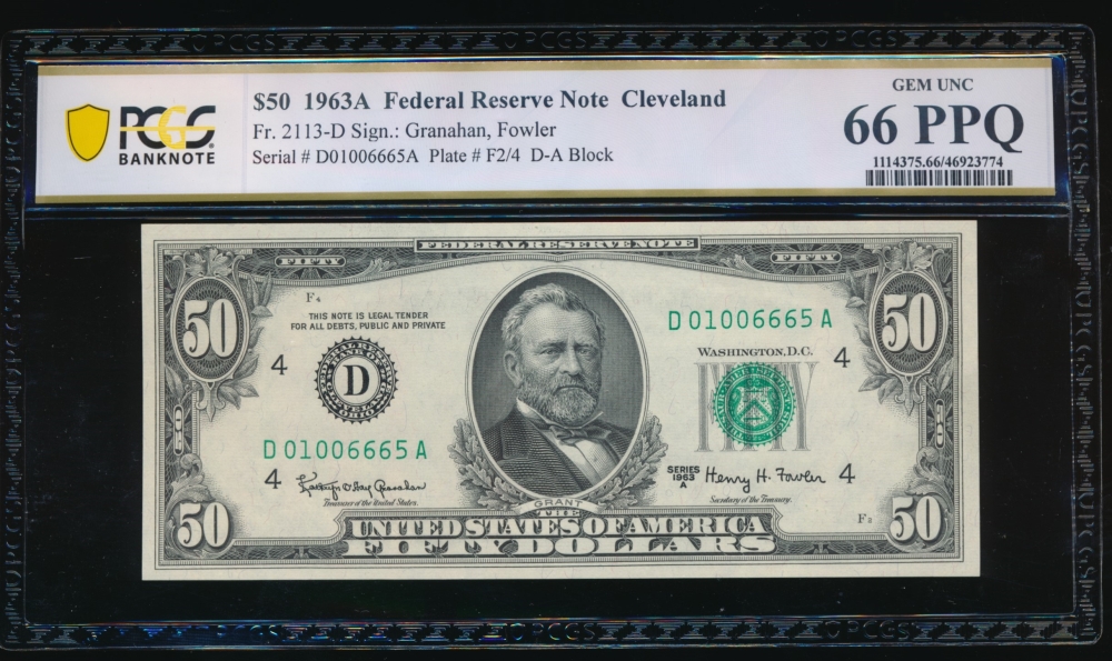 Fr. 2113-D 1963A $50  Federal Reserve Note Cleveland PCGS 66PPQ D01006665A