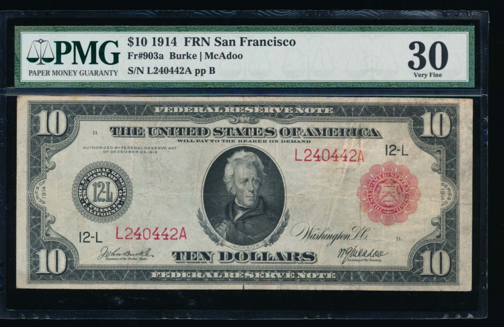 Fr. 903a 1914 $10  Federal Reserve Note red seal San Francisco PMG 30 L240442A