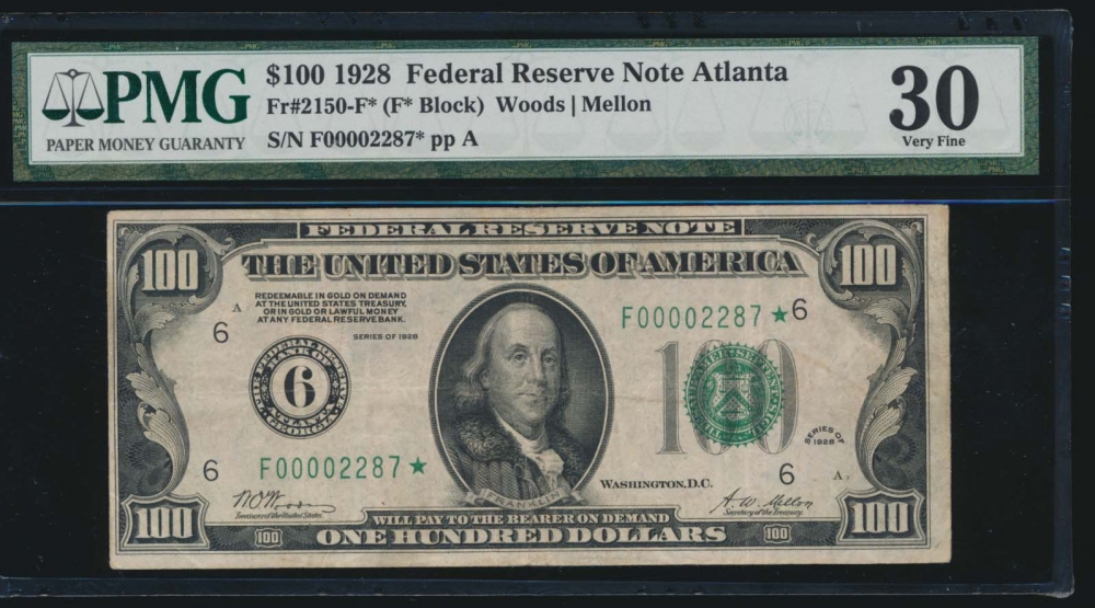 Fr. 2150-F 1928 $100  Federal Reserve Note Atlanta star PMG 30 comment F00002287*
