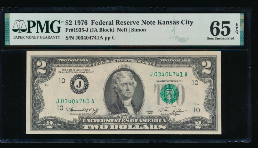 Fr. 1935-J 1976 $2  Federal Reserve Note Kansas City PMG 65EPQ J03404741A