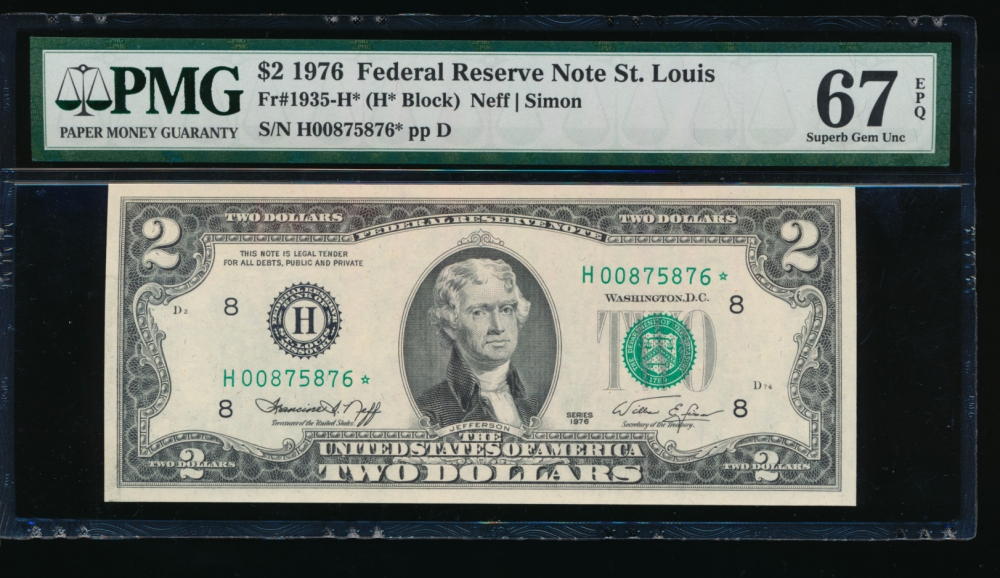 Fr. 1935-H 1976 $2  Federal Reserve Note Saint Louis star PMG 67EPQ H00875876* obverse