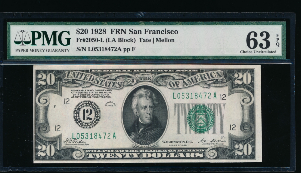 Fr. 2050-L 1928 $20  Federal Reserve Note San Francisco PMG 63EPQ L05318472A