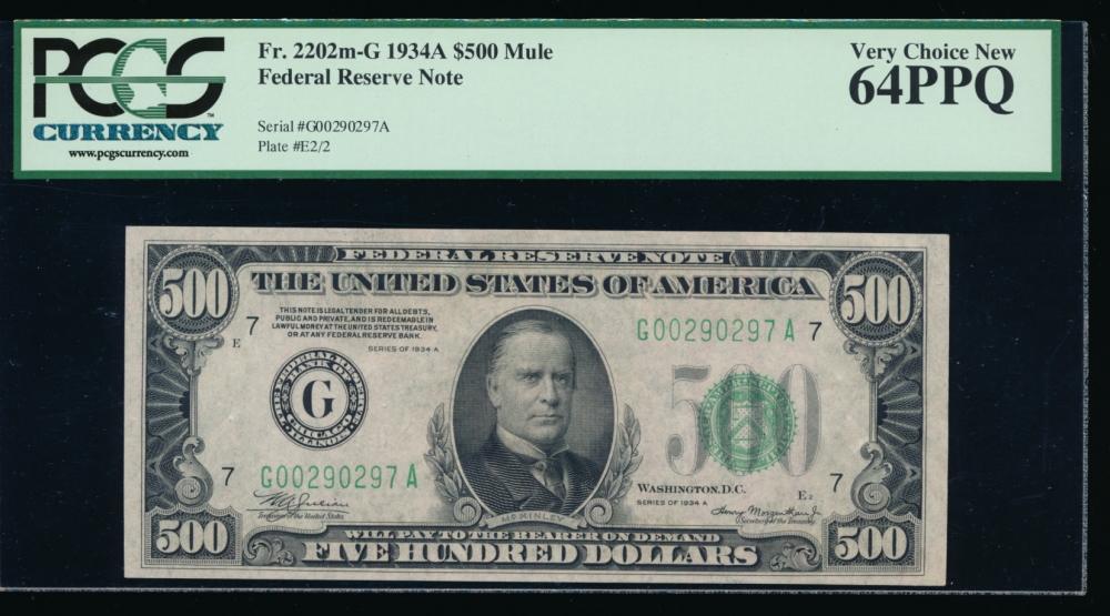 Fr. 2202-G 1934A $500  Federal Reserve Note Chicago PCGS-C 64PPQ G00290297A