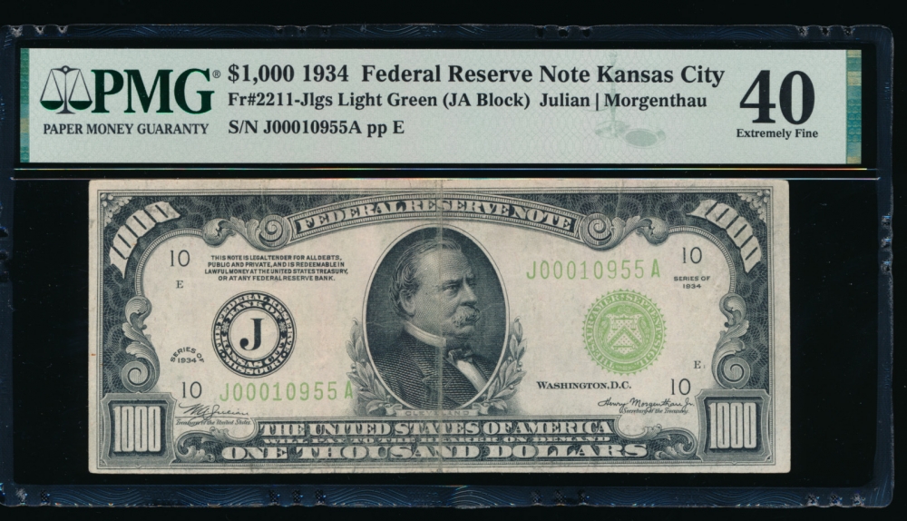 Fr. 2211-J 1934 $1,000  Federal Reserve Note Kansas City LGS PMG 40 J00010955A