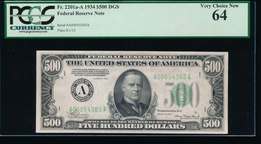 Fr. 2201-A 1934 $500  Federal Reserve Note Boston PCGS-C 64 A00054365A obverse